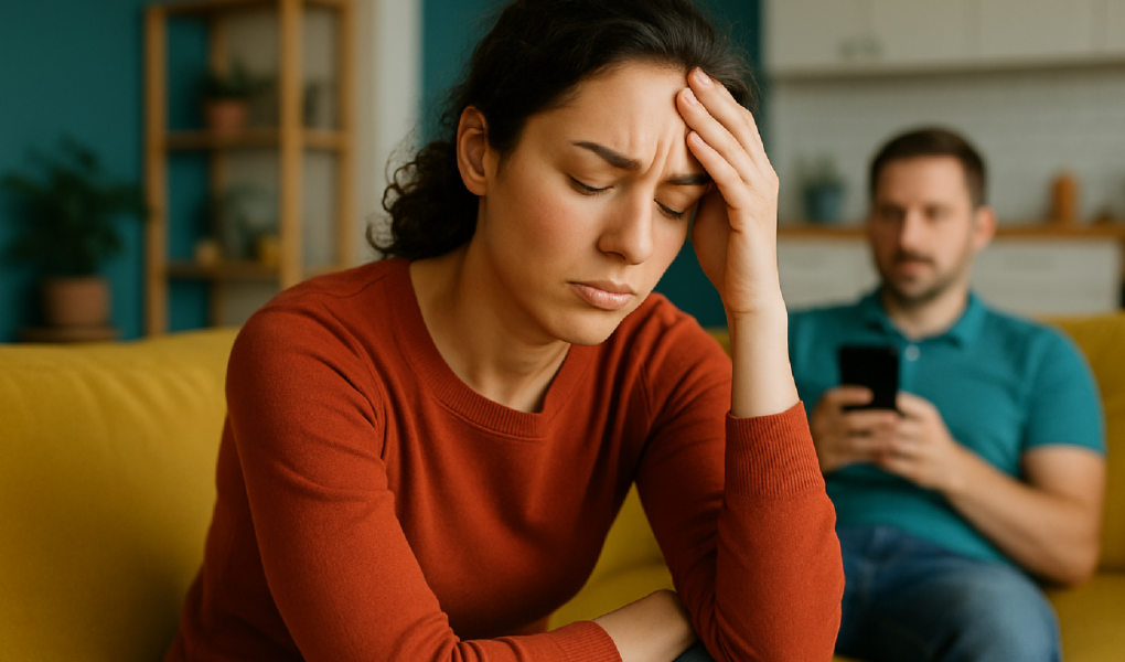 Imagem ilustrativa sobre Sobrecarga mental: como a demanda invisível de cuidado afeta as mulheres em relacionamentos heteross